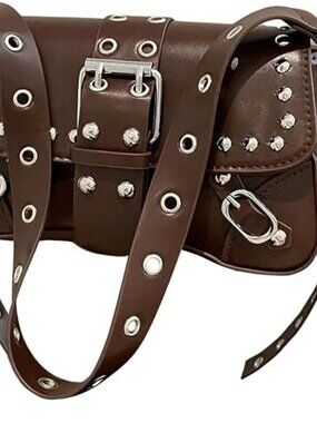 NEW Brown Leather Shoulder Handbag Punk Rivet Flap Studded Underarm Bag
